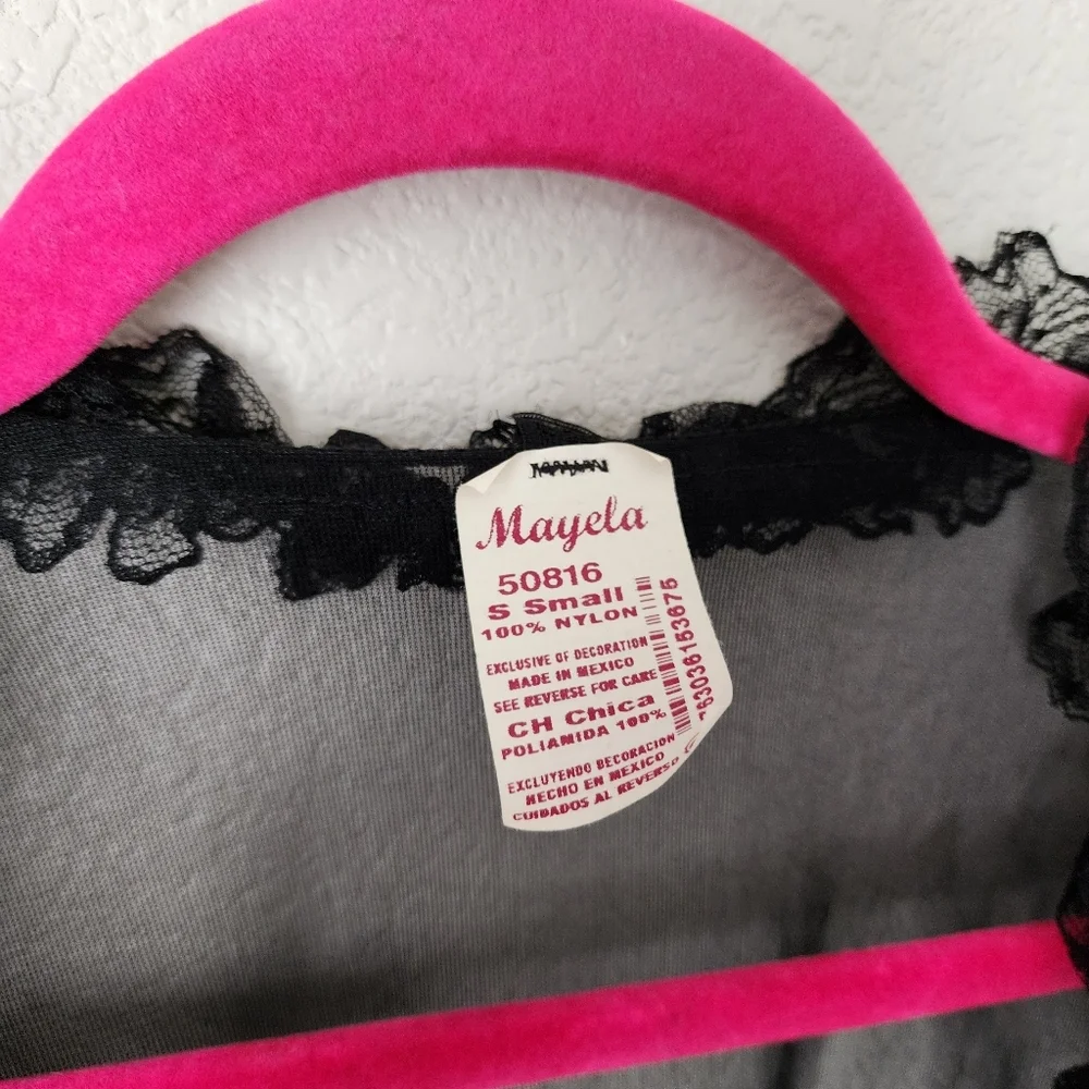 MAYELA x VINTAGE Nylon negligee sheer lace trim open top in black M‎ - Picture 6 of 6